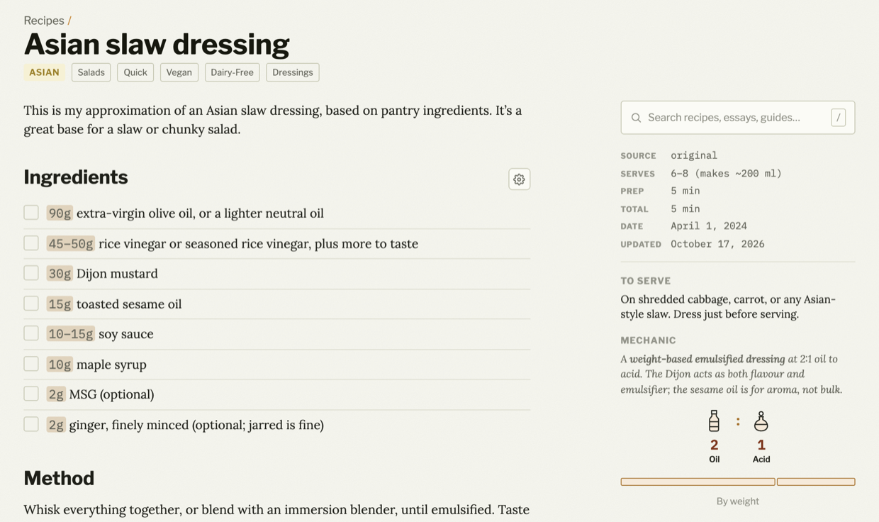 The Asian slaw dressing recipe on bruce-loves-to-cook.ca: ingredients as a checklist with highlighted gram amounts and a settings button for scaling and units on the left, and in the sidebar the source and times, To serve, and the Mechanic with the 2:1 oil-to-acid formula drawn as a bottle and a flask, numbers, and a bar labelled By weight