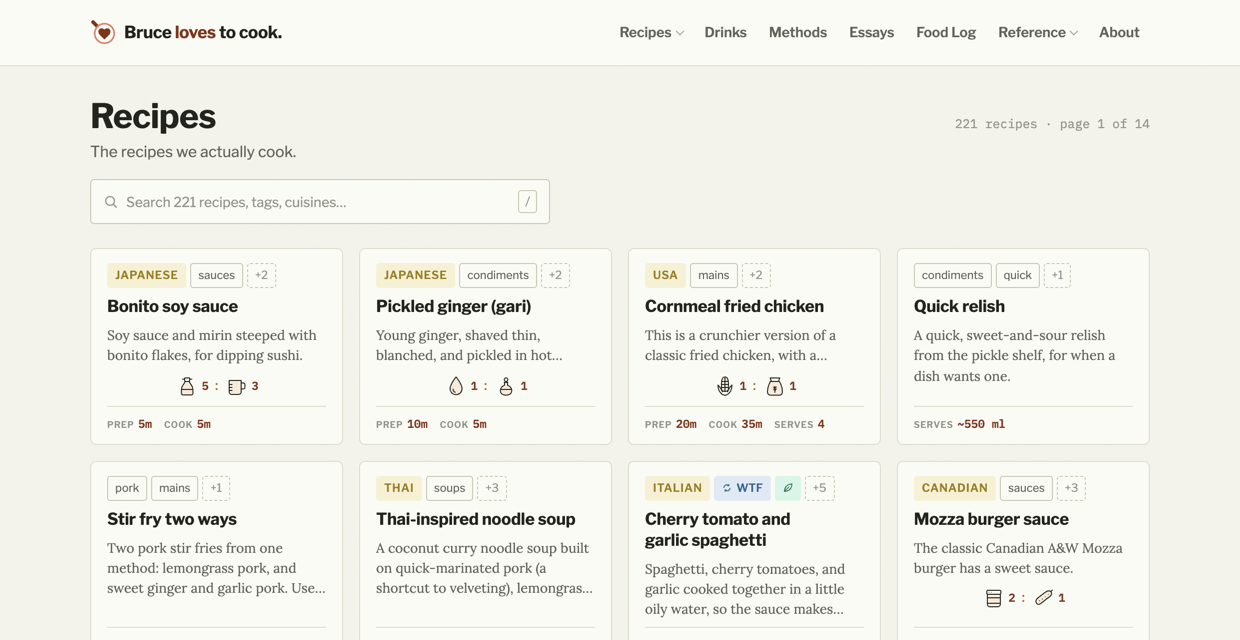 The Recipes list on bruce-loves-to-cook.ca: the site’s own header and logo above Fugu’s card grid, where each recipe card shows cuisine and tag chips, a short description, a small ratio formula where the recipe has one, and prep and cook times