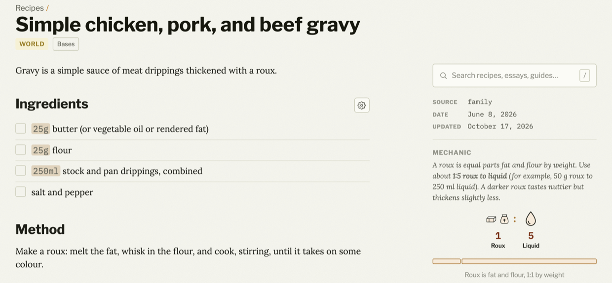 The gravy recipe on bruce-loves-to-cook.ca: ingredients as a checklist on the left, and the Mechanic in the sidebar with the 1:5 roux formula drawn as icons, numbers, and a bar