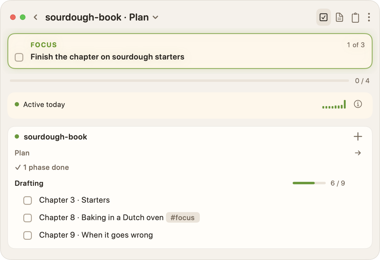 Space Command’s plan view for the sourdough book: one finished phase folded into a single line, then Drafting at 6 of 9 with chapters 3, 8, and 9 left, and a #focus chip on chapter 8