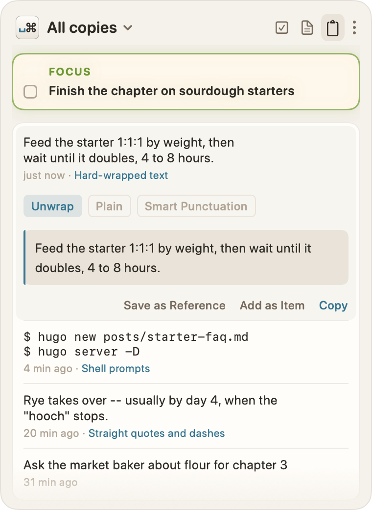 The Clipboard tab, listing recent copies with a suggested clean-up for each; the newest is expanded and offers Unwrap.