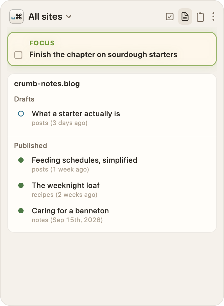 The Posts tab, showing a Hugo site's draft, followed by its published posts.