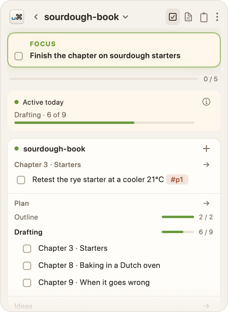 The sourdough-book project, with a health card above its tasks and a plan grouped by phase.