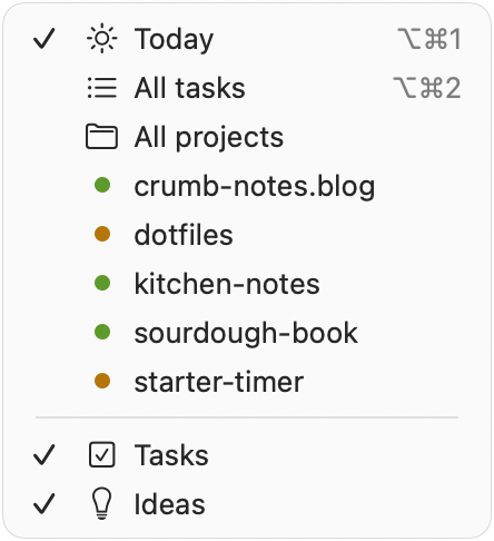 The scope menu, listing Today, All tasks, and All projects, then each project with a green or amber health dot, then checked Tasks and Ideas filters.