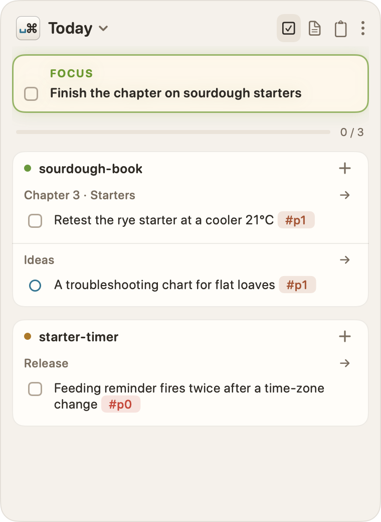 Space Command's Today view in the light palette, with a focus card at the top, then a list of tasks and an idea.